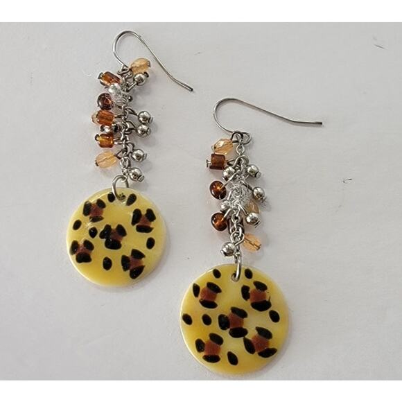 Vintage Leopard Print Shell Disc Dangle Earrings - Picture 2 of 14